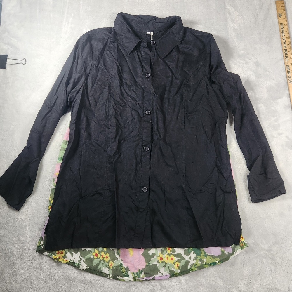 Kaktus Lagenlook Top Sz Large Black Button Down Sheer Green Floral Back